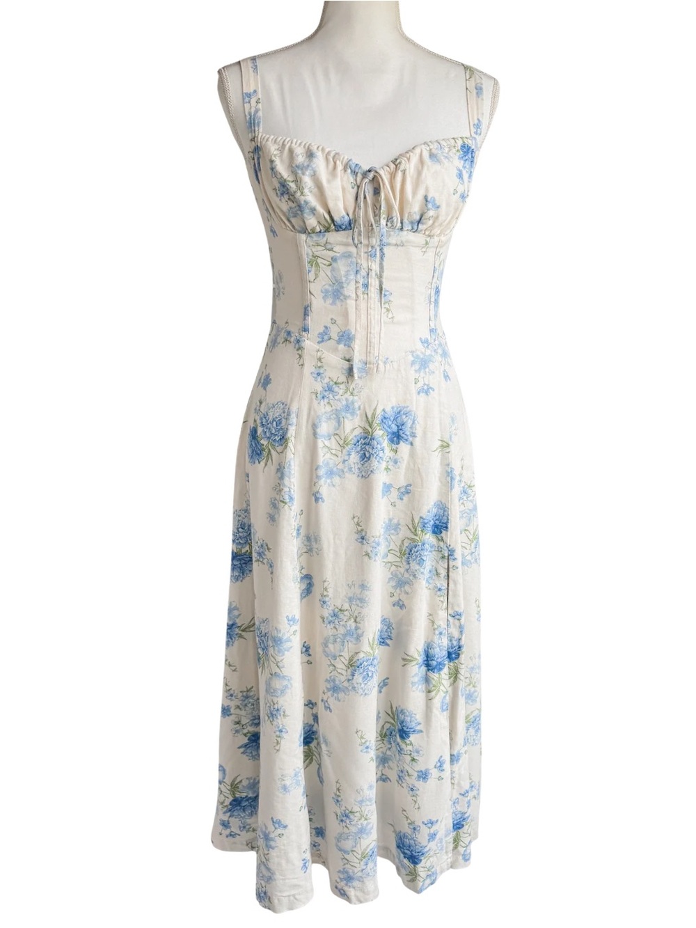 Dress Forum Los Angeles XS Blue Floral Linen Blend Corset Midi Dress Cottagecore